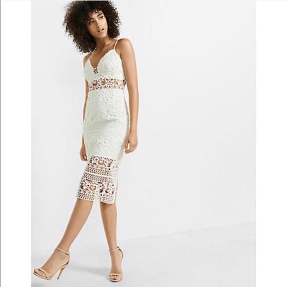 Express Rare Ivory Crocheted Lace Midi Dress - Picture 7 of 15
